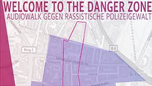Titelbild des Audiowalks. Zu sheen ist eine Straßenkarte von St. Pauli auf der Bereiche lila eingefärbt sind. Darüber steht der Titel "Welcome to the danger zone Audiowalk gegen rassistische Polizeigewalt"