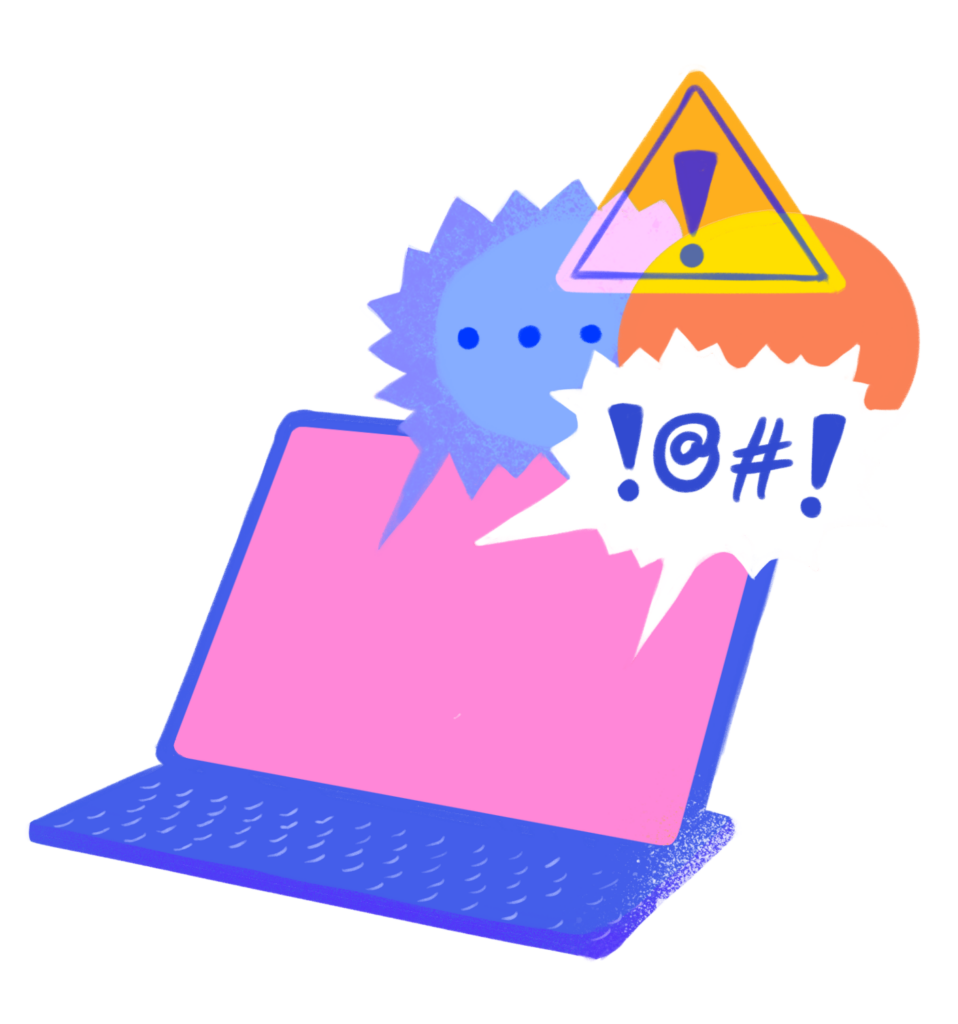 Das Icon zeigt einen Laptop, aus dem Sprechblasen gefüllt mit Ausrufezeichen und Buchstaben hreauskommen.