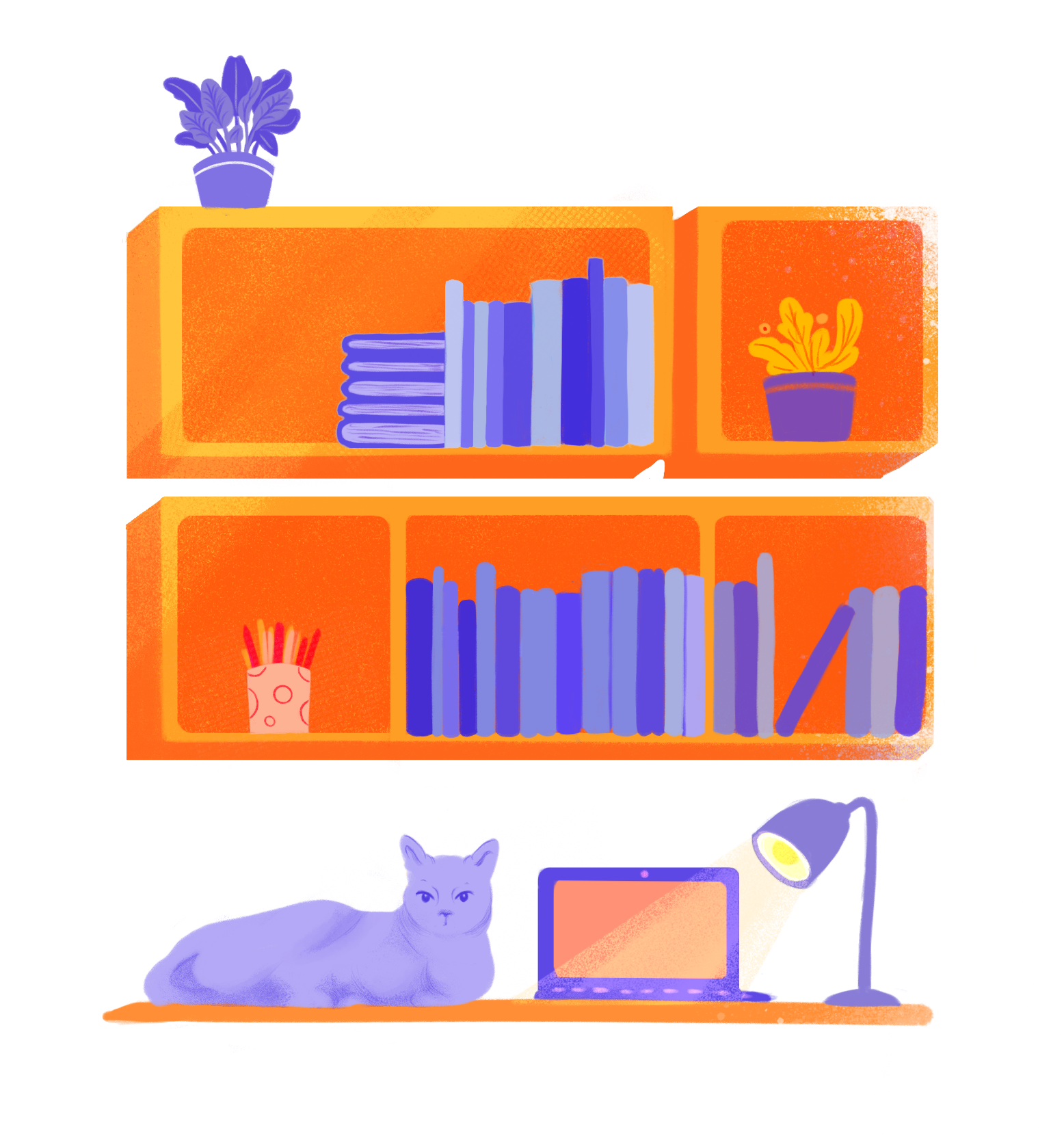 Das Icon zeigt ein gefülltes Bücherregal mit einem Schreibtisch im Vordergrund, auf dem eine Katze und ein Laptop zu sehen sind.